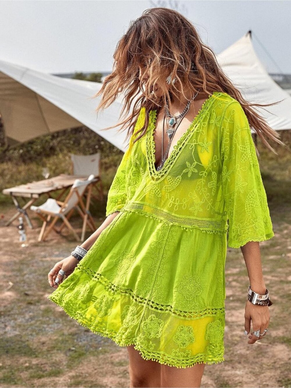 Womens Fluorescent Green Rayon V-Neck Coverup Lace Bathing Suit Swimsuit Coverup - Picture 3 of 4